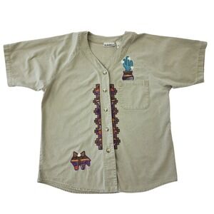 Vintage Sunbelt Southwest Cactus Embroidered Button Up Shirt Mens Medium Green